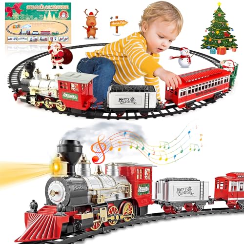 BUOAZR Christmas Theme Classic Zugset für Kinder mit Licht, realistischen Sounds, Raucheffekt, 4-Wagen-Wagen und Gleisen, Eisenbahn Kinder Elektrisch, Weihnachtszug Spielzeug, Weihnachtsdekoration von BUOAZR