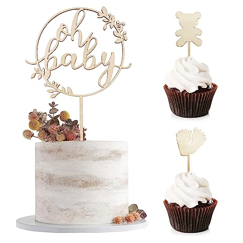 BURGEON Oh Baby Cake Topper Holz, Oh Baby Kuchen Topper, Kuchenstecker Kuchendeko Tortendeko für Babyparty Baby Shower Gender Reveal Partydeko von BURGEON