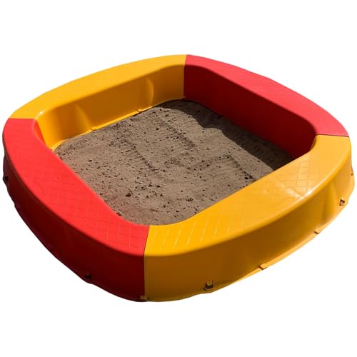 BURI Premium Sandkasten aus Kunststoff 150 x 150 x 20 cm, Gelb/Rot, Made in Germany – Robuster Buddelkasten für den Garten, Kinderspielzeug zum Buddeln mit Sand oder Kies, sehr stabil & hochwertig von BURI