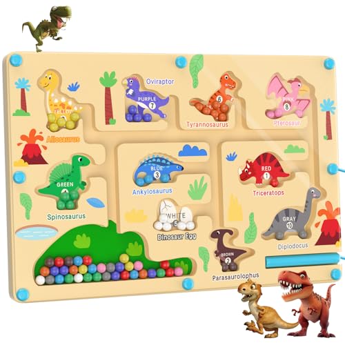 Magnetspiel Labyrinth Dinosaurier Spielzeug Busy Board, Montessori Spielzeug ab 3 4 5 6 Jahre, Holzspielzeug Zahlen Farben Lernen Sortierspiel Motorikspielzeug, Geschenk für Kinder Jungen Mädchen von BURMONG