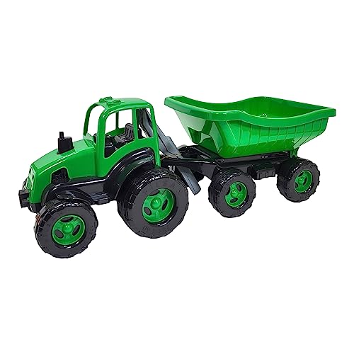 BUSDUGA 4338 Kindertraktor grün 70cm, Traktor mit Anhänger inkl. Kippmechanismus, Schaufel und Rechen Sandspielzeug Garten Outdoor Sandkasten von BUSDUGA