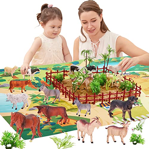 BUYGER Bauernhof Tiere Figuren Spielzeug ab 3 Jahren, mit 12 Realistische Bauernhoftiere, 12 Zäune, Aktivität Spielmatte, Geschenk für Kinder Jungen von BUYGER