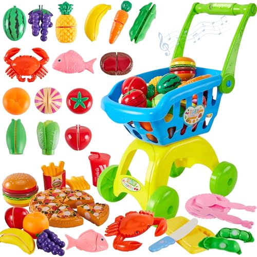 BUYGER Einkaufswagen für Kinder, mit 12 Musik und Licht, 5 Arten von Schneiden Obst Gemüse Lebensmittel Spielzeug, Küchenspielzeug Kaufladen Zubehör Rollenspiel Geschenk für 3+ Jahren von BUYGER