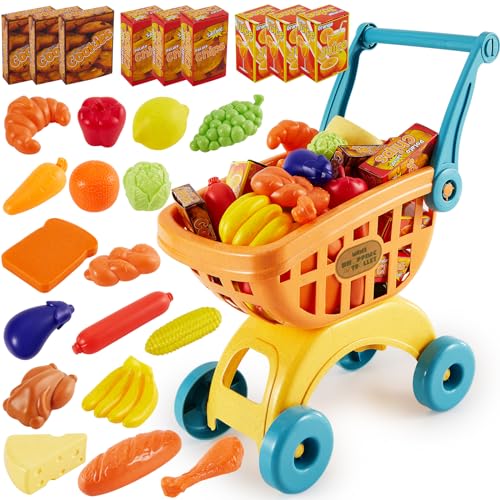 BUYGER Einkaufswagen für Kinder mit Lebensmittel Obst Gemüse Spielzeug, Kaufladen Zubehör Supermarkt Rollenspiel für Kinder Junge Mädchen ab 3 + Jahre von BUYGER