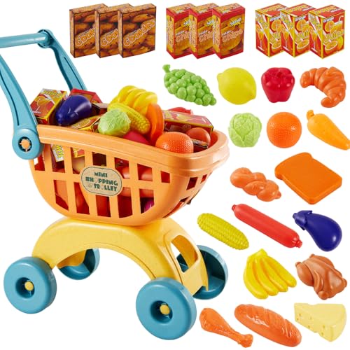 BUYGER Einkaufswagen für Kinder mit Obst Gemüse Fleisch Brot Lebensmittel Spielzueg, Supermarkt Rollenspiel für Kinder ab 3 + Jahre von BUYGER