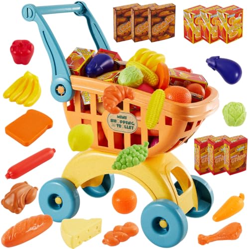 BUYGER Einkaufswagen für Kinder mit Obst Gemüse Fleisch Brot Lebensmittel Spielzueg, Supermarkt Rollenspiel für Kinder ab 3 + Jahre von BUYGER