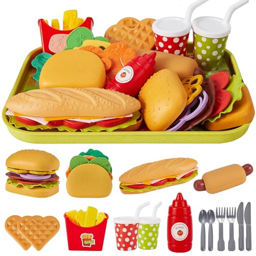 BUYGER Küchenspielzeug Lebensmittel Spielzeug für Kinder, Kinderküche Zubehör, Taco Hamburger Fast Food Kindergrill Spielzeug, Plastik Spiel Essen für Matschküche, Rollenspiele Geschenk 3 + Jahre von BUYGER