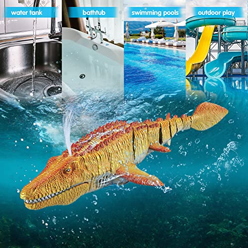 2.4G RC Boot Dinosaurier Pool Spielzeug, Elektrisches Wasserstrahl Hai-Spielzeug mit Licht Haiboot Unterwasser RC Elektro Rennboot Schwimmender Mosasaurus Spielzeugboot für Junge Mädchen ab 5 Jahre von BYNYXI