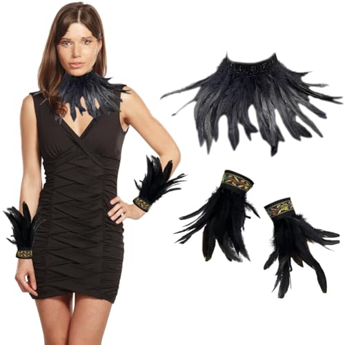 3er Set Gothic Feder Achselzucken mit Feder Manschetten, Federkragen Rabe Hexe Priesterin Kostüm Hahnfeder Armbänder Federumhang Federrock Kostüm Choker Kragen für Halloween Karneval Maskerade Cosplay von BYNYXI