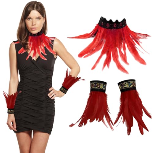 3er Set Gothic Feder Achselzucken mit Feder Manschetten, Federkragen Rabe Hexe Priesterin Kostüm Hahnfeder Armbänder Federumhang Federrock Kostüm Choker Kragen für Halloween Karneval Maskerade Cosplay von BYNYXI