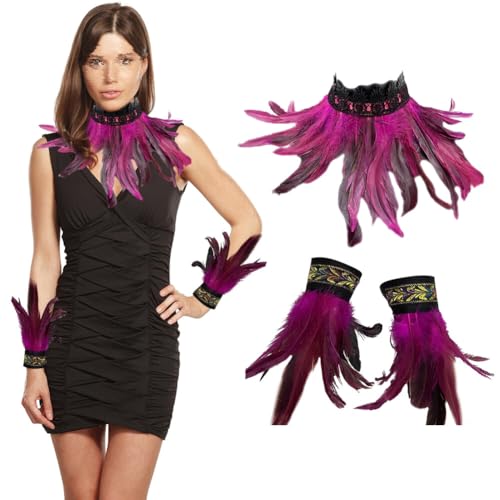 3er Set Gothic Feder Achselzucken mit Feder Manschetten, Federkragen Rabe Hexe Priesterin Kostüm Hahnfeder Armbänder Federumhang Federrock Kostüm Choker Kragen für Halloween Karneval Maskerade Cosplay von BYNYXI