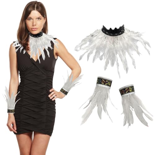 3er Set Gothic Feder Achselzucken mit Feder Manschetten, Federkragen Rabe Hexe Priesterin Kostüm Hahnfeder Armbänder Federumhang Federrock Kostüm Choker Kragen für Halloween Karneval Maskerade Cosplay von BYNYXI