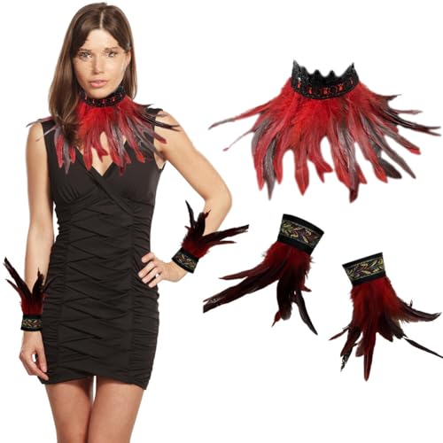 3er Set Gothic Feder Achselzucken mit Feder Manschetten, Federkragen Rabe Hexe Priesterin Kostüm Hahnfeder Armbänder Federumhang Federrock Kostüm Choker Kragen für Halloween Karneval Maskerade Cosplay von BYNYXI