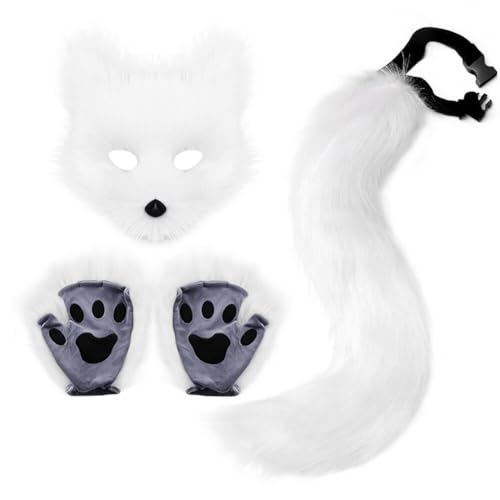 BYNYXI 3er Set Fuchsmaske mit Handschuhen, Pelzige Katze Fuchs Maske Fuchsschwanz Karneval Halloween Party Cosplay Kostüm für Kinder Erwachsene Karneval Weihnachten Maskerade von BYNYXI