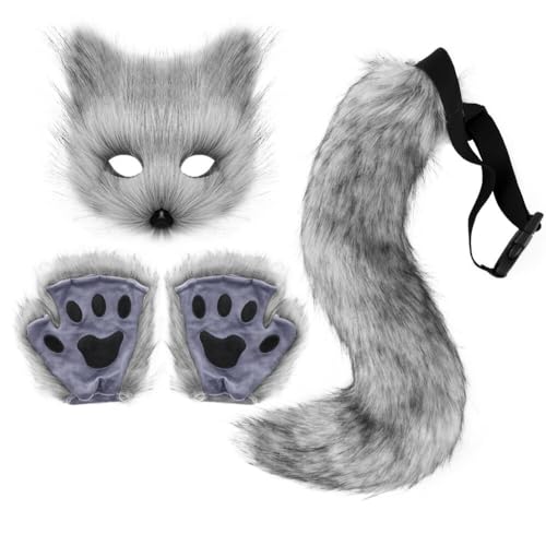 BYNYXI 3er Set Fuchsmaske mit Handschuhen, Pelzige Katze Fuchs Maske Fuchsschwanz Karneval Halloween Party Cosplay Kostüm für Kinder Erwachsene Karneval Weihnachten Maskerade von BYNYXI