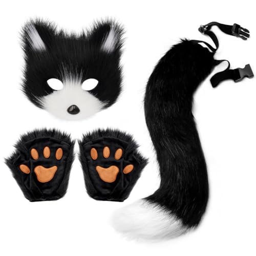 BYNYXI 3er Set Fuchsmaske mit Handschuhen, Pelzige Katze Fuchs Maske Fuchsschwanz Karneval Halloween Party Cosplay Kostüm für Kinder Erwachsene Karneval Weihnachten Maskerade von BYNYXI