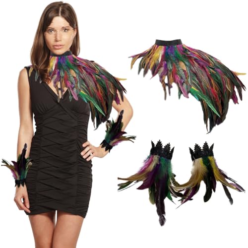 BYNYXI 3er Set Gothic Feder Achselzucken mit Feder Manschette, Damen Federumhang Maleficent Kostüm Feder Umhang Cape Federboa Feder Shrug Schal Schulterumhang für Halloween Cosplay Fasching Kostüm von BYNYXI