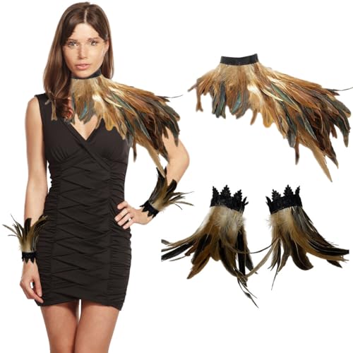 BYNYXI 3er Set Gothic Feder Achselzucken mit Feder Manschette, Damen Federumhang Maleficent Kostüm Feder Umhang Cape Federboa Feder Shrug Schal Schulterumhang für Halloween Cosplay Fasching Kostüm von BYNYXI