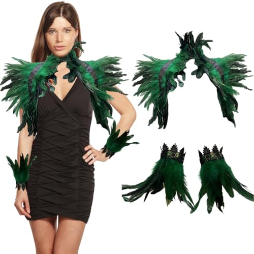 BYNYXI 3er Set Gothic Feder Achselzucken mit Feder Manschette, Damen Federumhang Maleficent Kostüm Feder Umhang Cape Federboa Feder Shrug Schal Schulterumhang für Halloween Cosplay Fasching Kostüm von BYNYXI