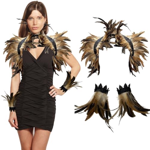 BYNYXI 3er Set Gothic Feder Achselzucken mit Feder Manschette, Damen Federumhang Maleficent Kostüm Feder Umhang Cape Federboa Feder Shrug Schal Schulterumhang für Halloween Cosplay Fasching Kostüm von BYNYXI