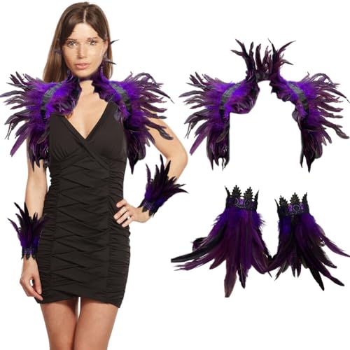 BYNYXI 3er Set Gothic Feder Achselzucken mit Feder Manschette, Damen Federumhang Maleficent Kostüm Feder Umhang Cape Federboa Feder Shrug Schal Schulterumhang für Halloween Cosplay Fasching Kostüm von BYNYXI