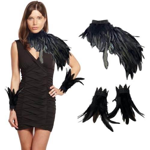 BYNYXI 3er Set Gothic Feder Achselzucken mit Feder Manschette, Damen Federumhang Maleficent Kostüm Feder Umhang Cape Federboa Feder Shrug Schal Schulterumhang für Halloween Cosplay Fasching Kostüm von BYNYXI