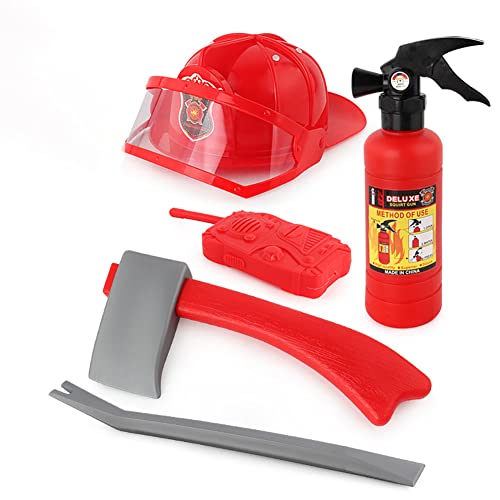 BYNYXI 5er Set Firefighter Toy, Kinder Feuerwehr Spielzeug Feuerlöscher Spielzeug Feuerwehrmann Kostüm Feuerlöscher Wasserpistole Axt Feuerwehrhelm Rollenspiel Zubehör für Kinder ab 3 4 5 Jahren von BYNYXI