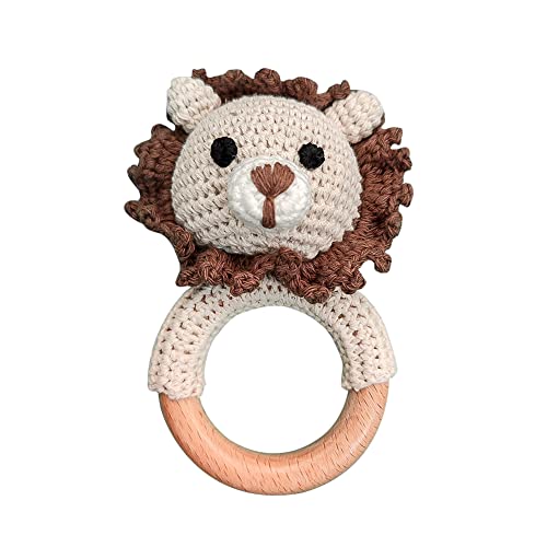 BYNYXI Baby Greifling Rassel Beißring, Niedliche Tier Häkel Rassel mit Holz Ring Greifringe Fuchs Tiger Löwe Hase Baby Holz Handmade Montessori Babyspielzeug ab 3 Montaten Baby Geschenk zur Geburt von BYNYXI