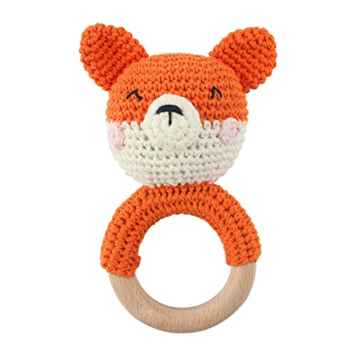 BYNYXI Baby Greifling Rassel Beißring, Niedliche Tier Häkel Rassel mit Holz Ring Greifringe Fuchs Tiger Löwe Hase Baby Holz Handmade Montessori Babyspielzeug ab 3 Montaten Baby Geschenk zur Geburt von BYNYXI