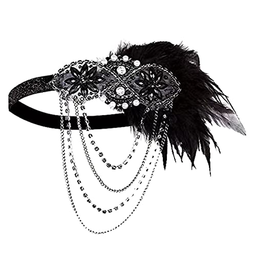 BYNYXI Strass Feder Stirnband 20er, Damen Haarschmuck Federn Schwarz Vintage Flapper Stirnband Strass Great Gatsby Haarband Charleston Verstellbare Stirnbänder für Theme Party Hochzeit Kostümzubehör von BYNYXI