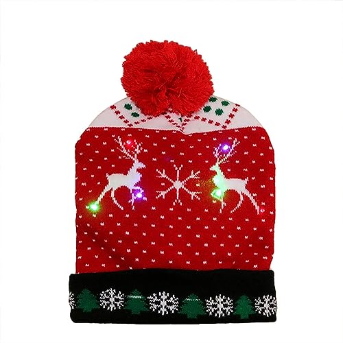 LED Weihnachtsmütze, Leuchtende Strickmütze Bommelmütze Damen Kinder Winter Weihnachten Beanie Mütze mit Weihnachtsbäume Schneemänner Muster Warme Weihnachtsmützen Mütze für Kinder Erwachsene von BYNYXI