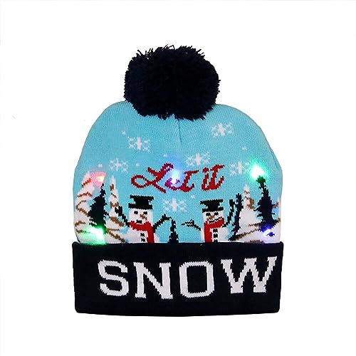 LED Weihnachtsmütze, Leuchtende Strickmütze Bommelmütze Damen Kinder Winter Weihnachten Beanie Mütze mit Weihnachtsbäume Schneemänner Muster Warme Weihnachtsmützen Mütze für Kinder Erwachsene von BYNYXI