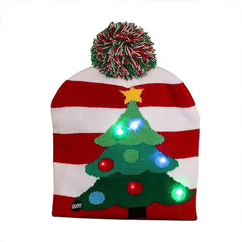 LED Weihnachtsmütze, Leuchtende Strickmütze Bommelmütze Damen Kinder Winter Weihnachten Beanie Mütze mit Weihnachtsbäume Schneemänner Muster Warme Weihnachtsmützen Mütze für Kinder Erwachsene von BYNYXI