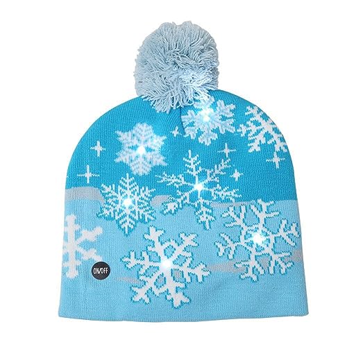 LED Weihnachtsmütze, Leuchtende Strickmütze Bommelmütze Damen Kinder Winter Weihnachten Beanie Mütze mit Weihnachtsbäume Schneemänner Muster Warme Weihnachtsmützen Mütze für Kinder Erwachsene von BYNYXI