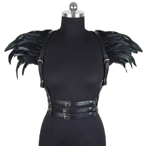 Leder Federkragen, Gotic Federumhang mit Leder Body Harness Verstellbarer Leder Gürtel Federn Schultern Halloween Maleficent Kostüm für Frauen Feder Epaulettes Shrug Schulterumhang Cape Cosplay von BYNYXI