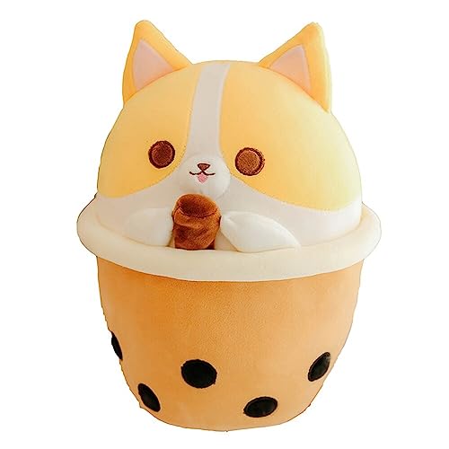 Plüschtier Corgi Hunde, 30cm Kawaii Plüschkissen mit Bubble Tea Kuscheltier Gefüllt Plüsch Katze Schwein Umarmungkissen Tier Shiba Inu Plüschtier Stofftier Spielzeug für Kinder Geschenke von BYNYXI