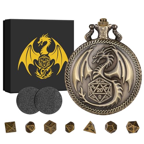 BYRRSF Mini DND Würfel Set Steampunk Drache Taschenuhr-Gehäuse, 7pcs Polyedrische Metall D&D Würfel Set, DND Geschenke mit Geschenkbox, Rollenspiele Brettspiele Zubehör, Bronze von BYRRSF