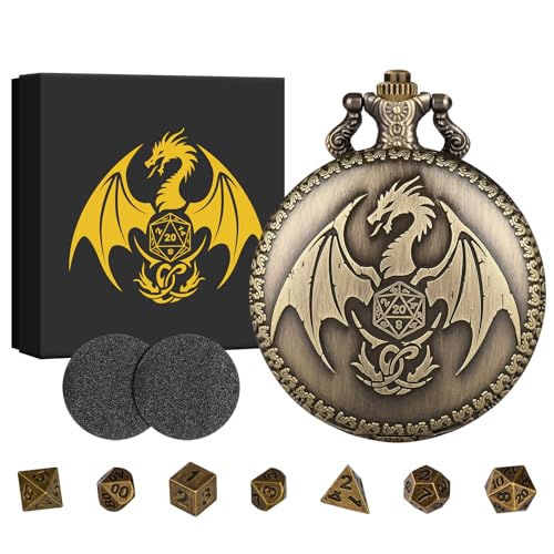 BYRRSF Mini DND Würfel Set Steampunk Drache Taschenuhr-Gehäuse, 7pcs Polyedrische Metall D&D Würfel Set, DND Geschenke mit Geschenkbox, Rollenspiele Brettspiele Zubehör, Bronze von BYRRSF