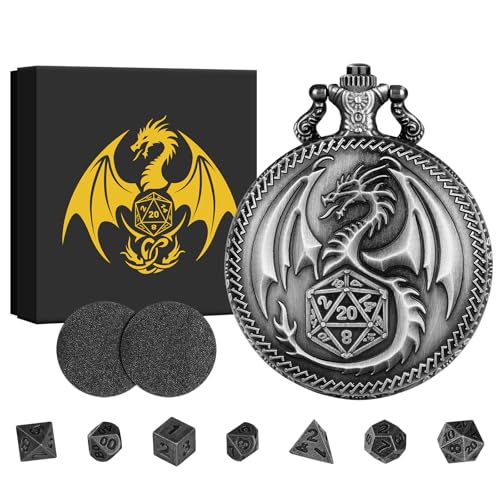 BYRRSF Mini DND Würfel Set Steampunk Drache Taschenuhr-Gehäuse, 7pcs Polyedrische Metall D&D Würfel Set, DND Geschenke mit Geschenkbox, Rollenspiele Brettspiele Zubehör, Silber von BYRRSF