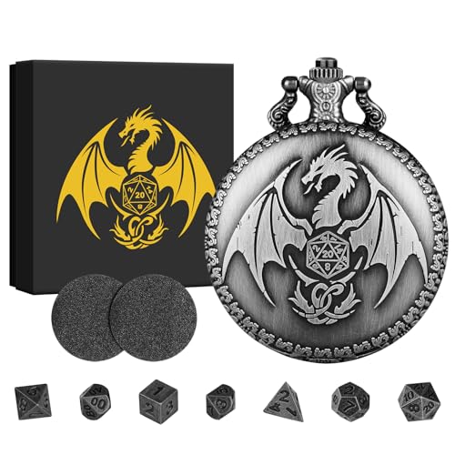 BYRRSF Mini DND Würfel Set Steampunk Drache Taschenuhr-Gehäuse, 7pcs Polyedrische Metall D&D Würfel Set, DND Geschenke mit Geschenkbox, Rollenspiele Brettspiele Zubehör, Silber von BYRRSF