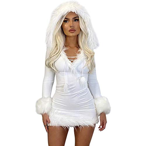 BYUSBAYA Damen-Weihnachtskostüm, Kleid mit Fellbesatz, Weihnachtsmann-Elfe, Minikleid, Weihnachten, Urlaub, Party, Cosplay, Kostüm, Outfit (B Weiß, M) von BYUSBAYA