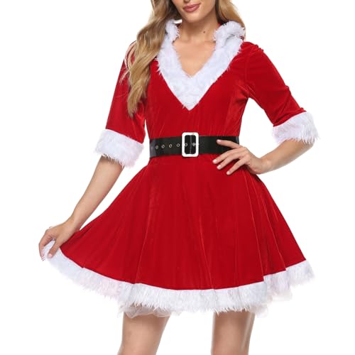 BYUSBAYA Damen-Weihnachtskostüm, Kleid mit Fellbesatz, Weihnachtsmann-Elfe, Minikleid, Weihnachten, Urlaub, Party, Cosplay, Verkleidung (C, Rot, L) von BYUSBAYA