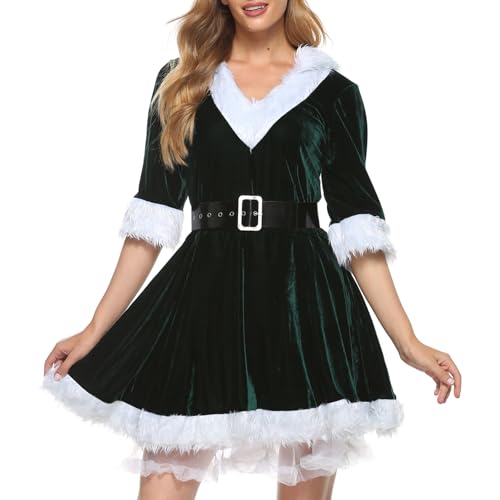 BYUSBAYA Damen-Weihnachtskostüm, Kleid mit Fellbesatz, Weihnachtsmann-Elfe, Minikleid, Weihnachten, Urlaub, Party, Cosplay, Verkleidung (C Grün, L) von BYUSBAYA