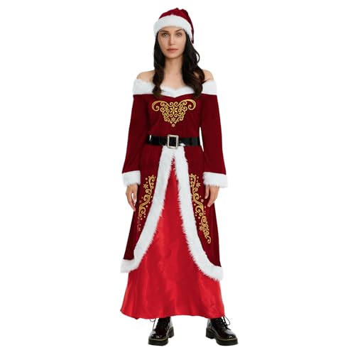 BYUSBAYA Damen-Weihnachtskostüm, Kleid mit Fellbesatz, Weihnachtsmann-Elfe, Minikleid, Weihnachten, Urlaub, Party, Cosplay, Verkleidung (J Rot, XXL) von BYUSBAYA