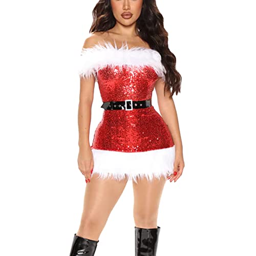 BYUSBAYA Damen-Weihnachtskostüm, Kleid mit Fellbesatz, Weihnachtsmann-Elfe, Minikleid, Weihnachten, Urlaub, Party, Cosplay, Verkleidung (Rot, L) von BYUSBAYA