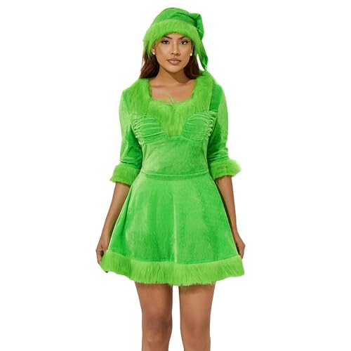 Damen-Weihnachtskostüm, Kleid mit Fellbesatz, Weihnachtsmann-Elfe, Minikleid, Weihnachten, Urlaub, Party, Cosplay, Verkleidung (Größe R, Grün, M) von BYUSBAYA