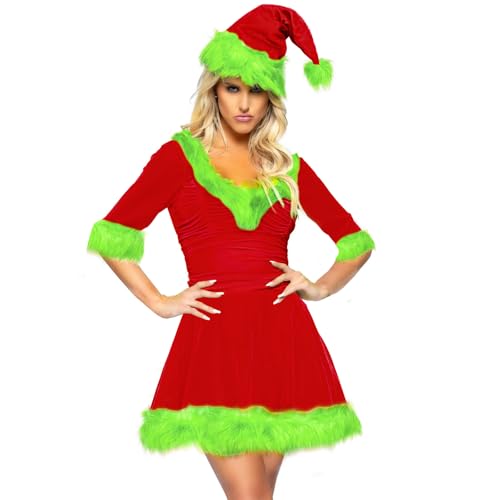 Damen-Weihnachtskostüm, Kleid mit Fellbesatz, Weihnachtsmann-Elfe, Minikleid, Weihnachten, Urlaub, Party, Cosplay, Verkleidung (Größe R, Rot, Grün, XL) von BYUSBAYA