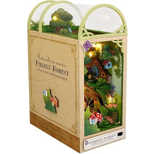 BYVUTE DIY Book Nook Kit, 3D Holzpuzzle LED Buchstützenständer Bücherregal Einsatz Bücherregal Buchständer Miniatur Haus Kit mit Sensor Licht Modellbausatz für Raumdekor (Firefly Forest) von BYVUTE