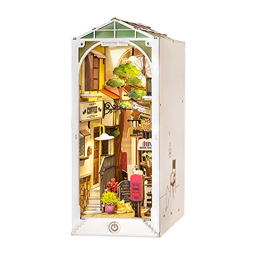 BYVUTE DIY Book Nook Kit, 3D Holzpuzzle LED Buchstützenständer Bücherregal Einsatz Bücherregal Buchständer Miniatur Haus Kit mit Sensor Licht Modellbausatz für Raumdekor (Sonnenuntergang Lane) von BYVUTE