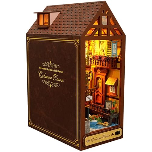 BYVUTE DIY Book Nook Kit, 3D Holzpuzzle LED Buchstützenständer Bücherregaleinsatz Bücherregal Buchständer Miniatur Haus Kit mit Sensor Licht Modellbausatz für Raumdekor (Freizeit) von BYVUTE